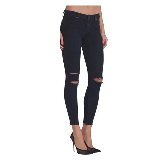 J Brand Denim - J Brand Crop Raw Hem Mid Rise Super Skinny Dark Blue Mercy Distressed Jeans 27